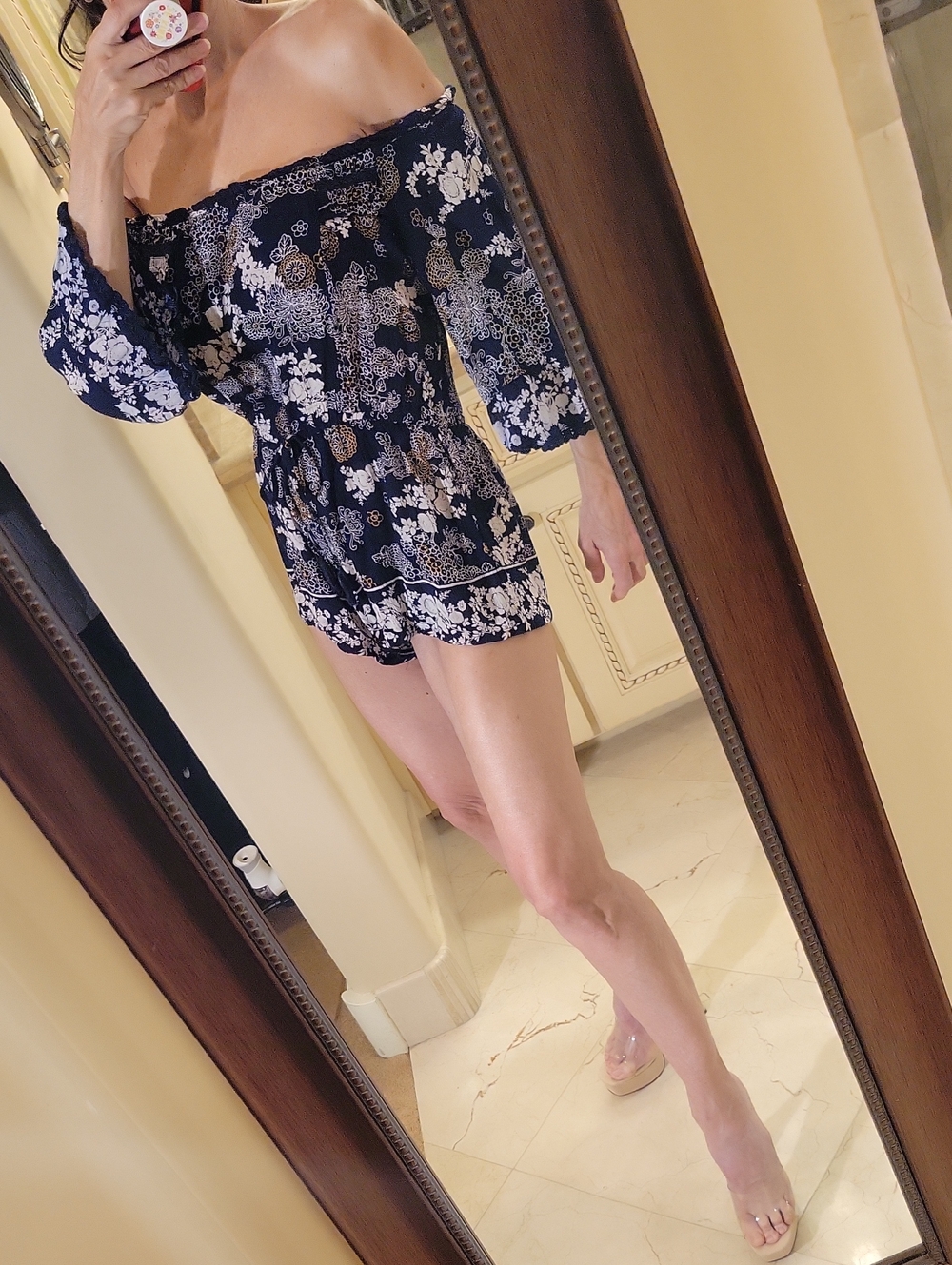 Angie Navy Romper with White and Gold Floral Print, S - Picture 3 of 16